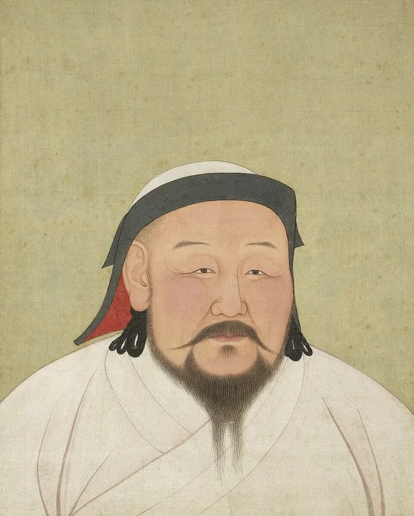 Kublai Khan portrait painting showing Mongol emperor in white shamanic robes