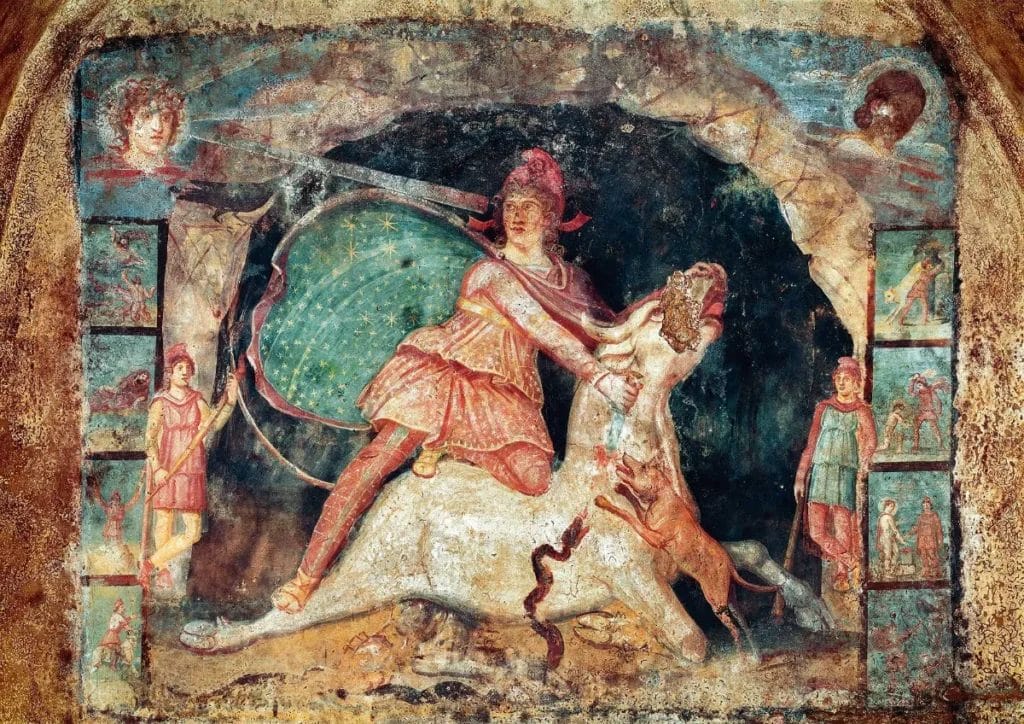 Roman stone relief showing Mithras slaying the sacred bull in underground temple