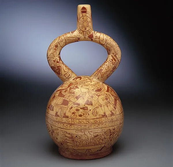 Moche sacrifice ceremony painted vessel with captives and goblet