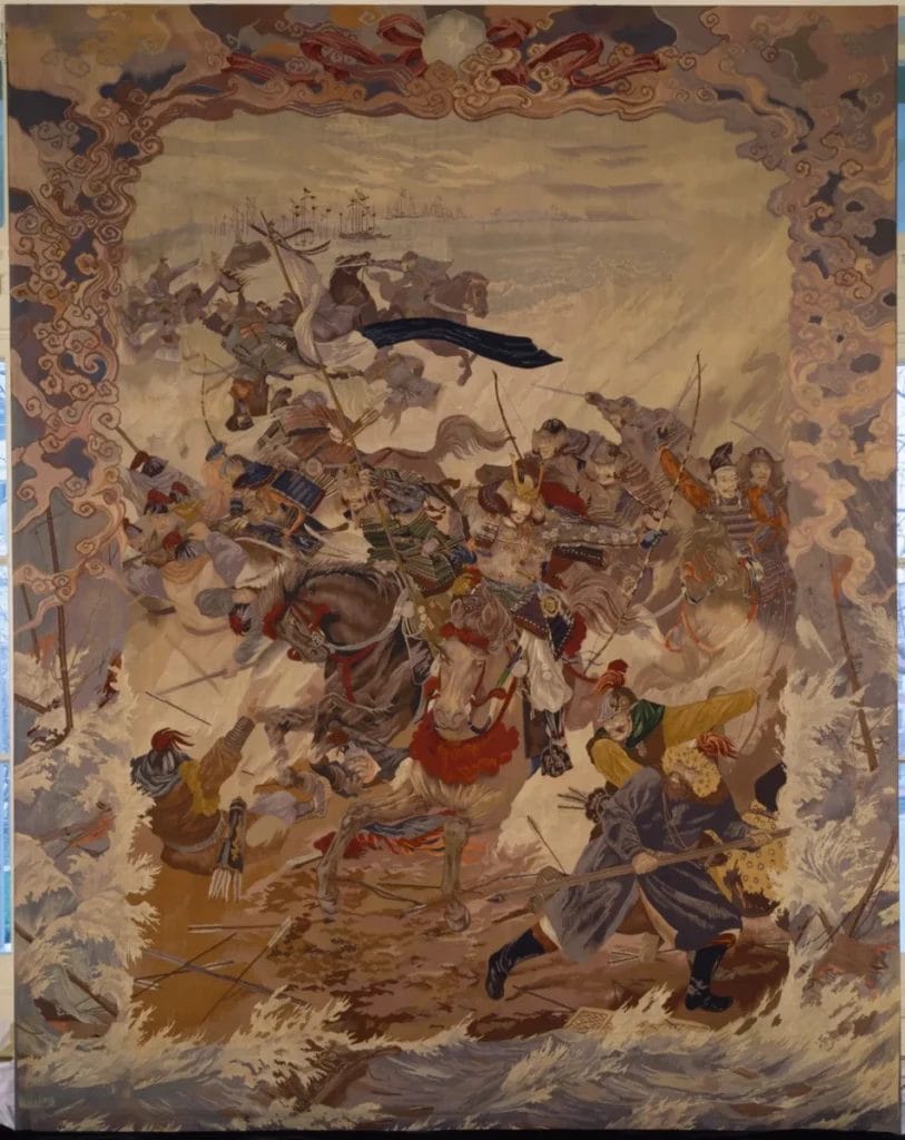 Large silk tapestry showing Mongol invasion of Japan with ships and warriors in battle