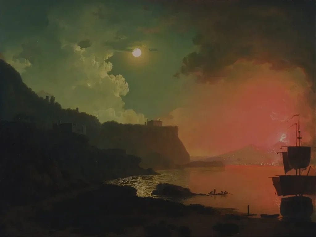 Dramatic nighttime painting of Vesuvius erupting with red lava contrasting dark sky and silhouetted observers