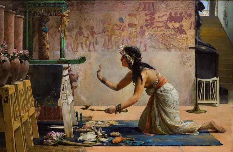 Victorian painting showing ancient Egyptian funeral ceremony for a mummified cat with priests and mourners