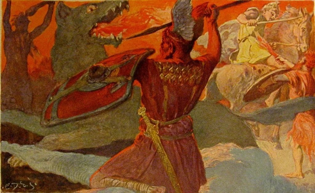German painting depicting the apocalyptic battles of Norse mythology Ragnarok with Odin raising his spear against the wolf Fenrir while Freyr fights the fire giant Surtr