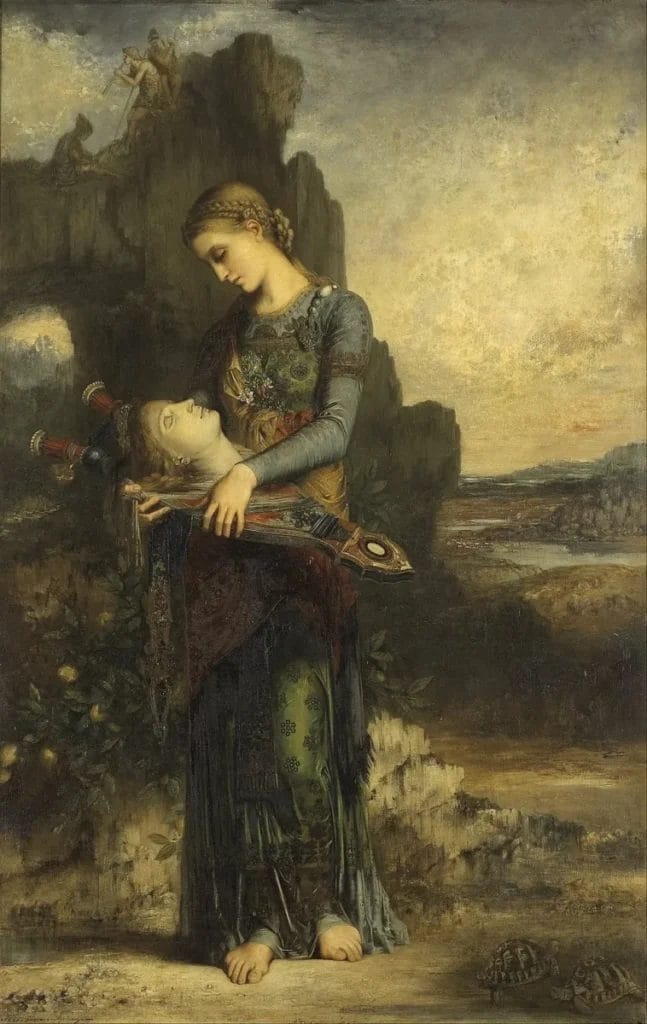 Moreau's painting showing a maiden carrying Orpheus's severed head and lyre