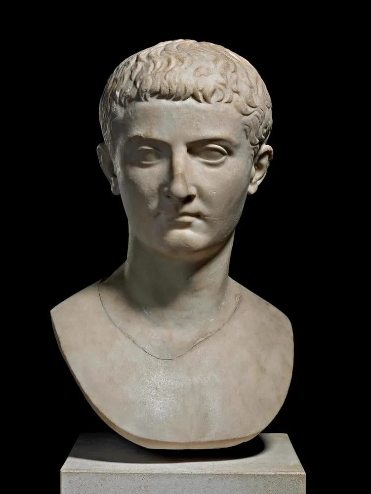Elderly emperor Tiberius marble portrait with stern features