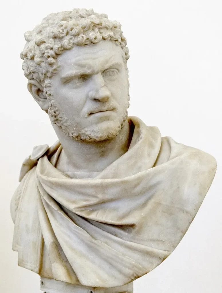 Emperor Caracalla marble bust with scowling expression and turned head
