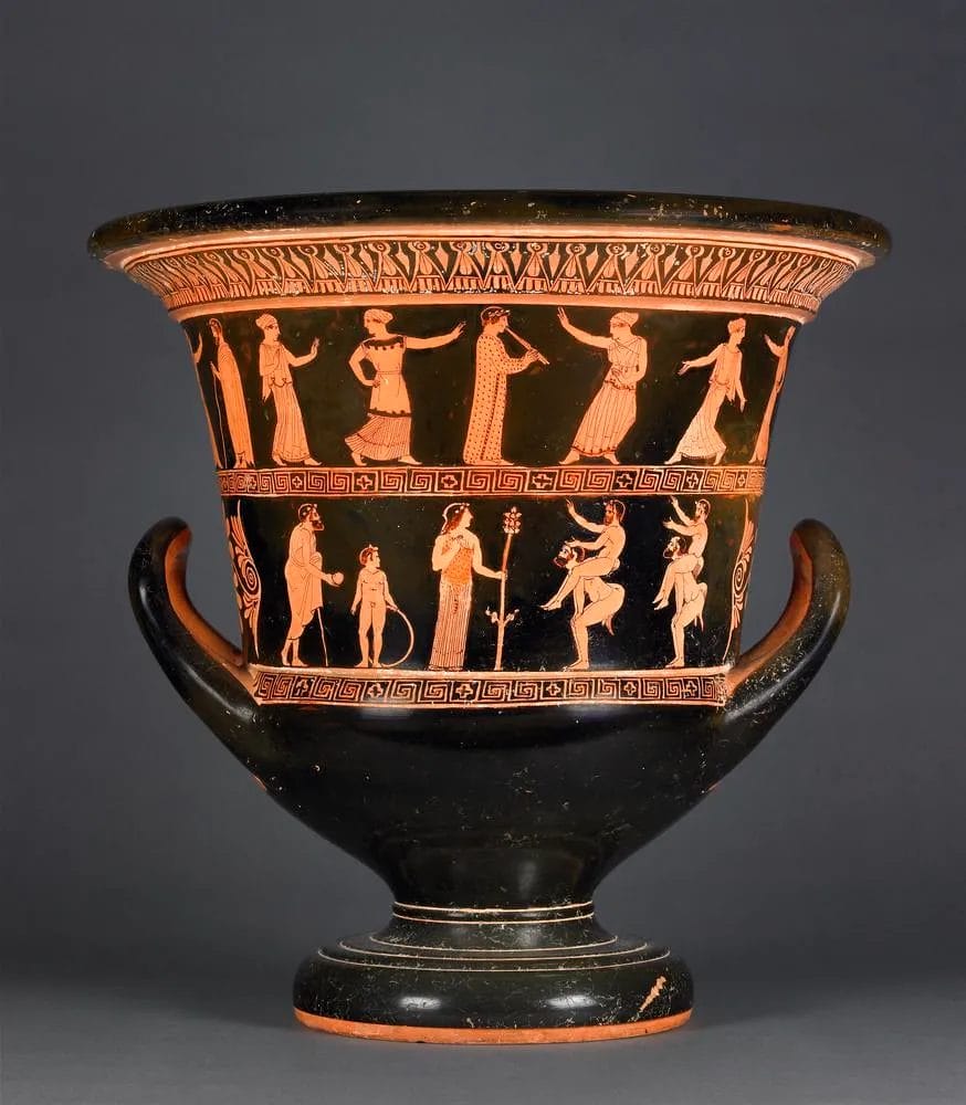 Ancient Greek red-figure vase showing painted figures in multiple friezes with mythological scenes