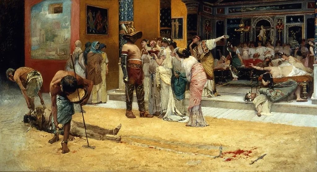 Ancient Roman banquet scene featuring gladiator entertainment and combat during feast