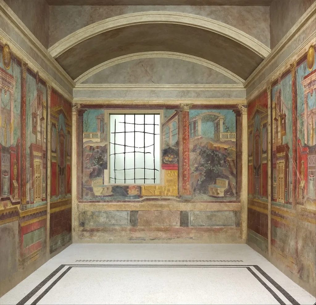 Roman bedroom cubiculum fresco with painted architectural elements from Boscoreale villa, Metropolitan Museum of Art.