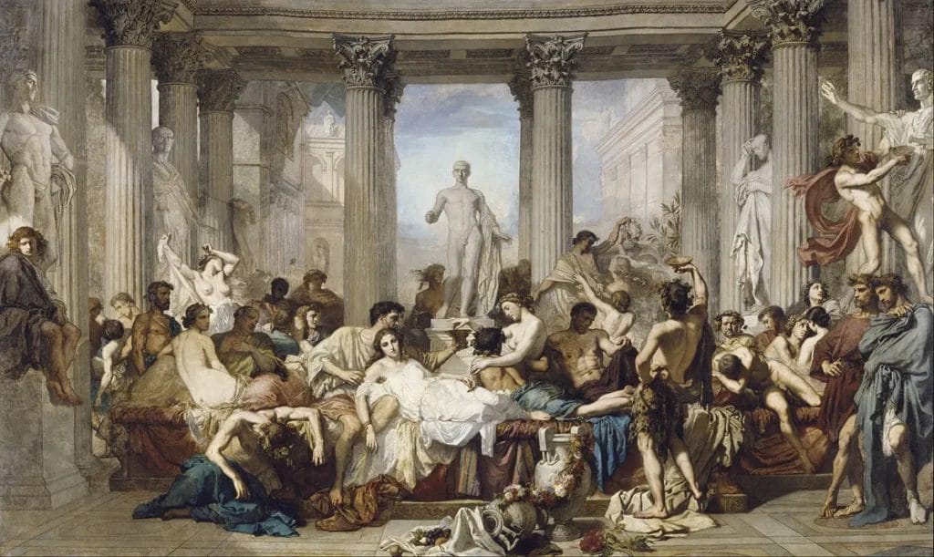 Roman elite decadence moral corruption orgy painting showing empire decline and excess