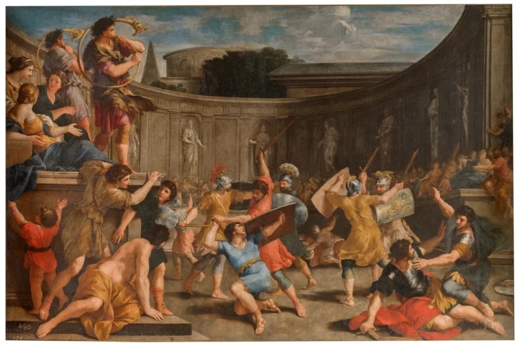 Roman gladiators practicing combat techniques with wooden training swords in ancient ludus