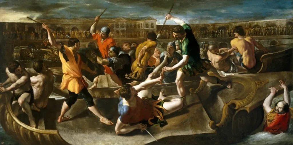 Roman naval battle painting showing ships in combat