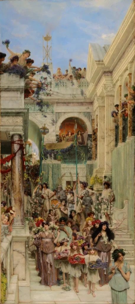 Monumental painting depicting Roman spring festival with procession of figures among flowers and classical architecture showing detailed frescoed walls
