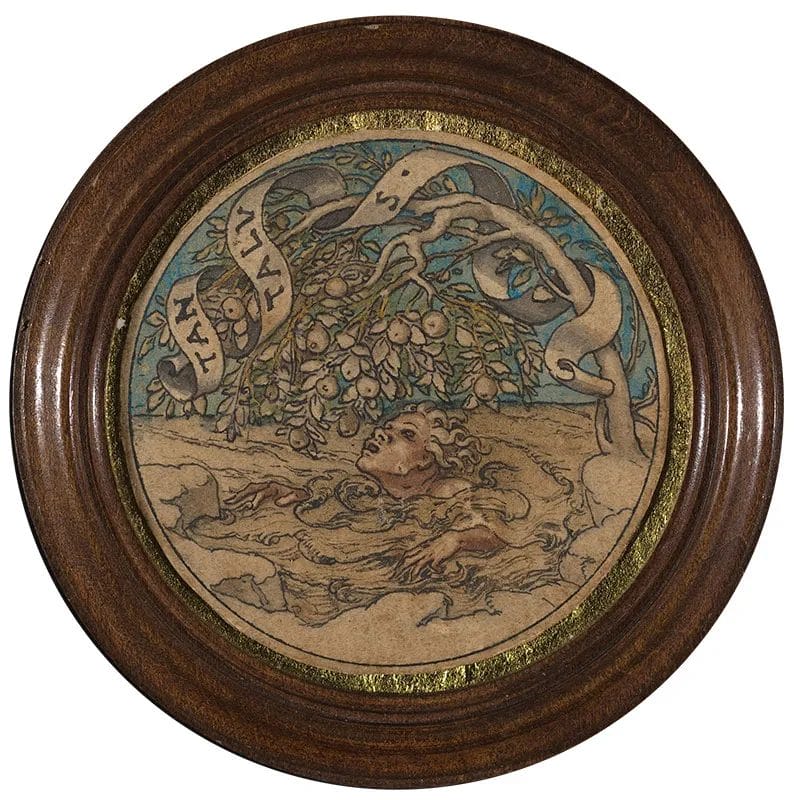 Renaissance drawing by Hans Holbein the Younger showing Tantalus trapped in water beneath an apple tree, created as a design for a jeweled hat badge