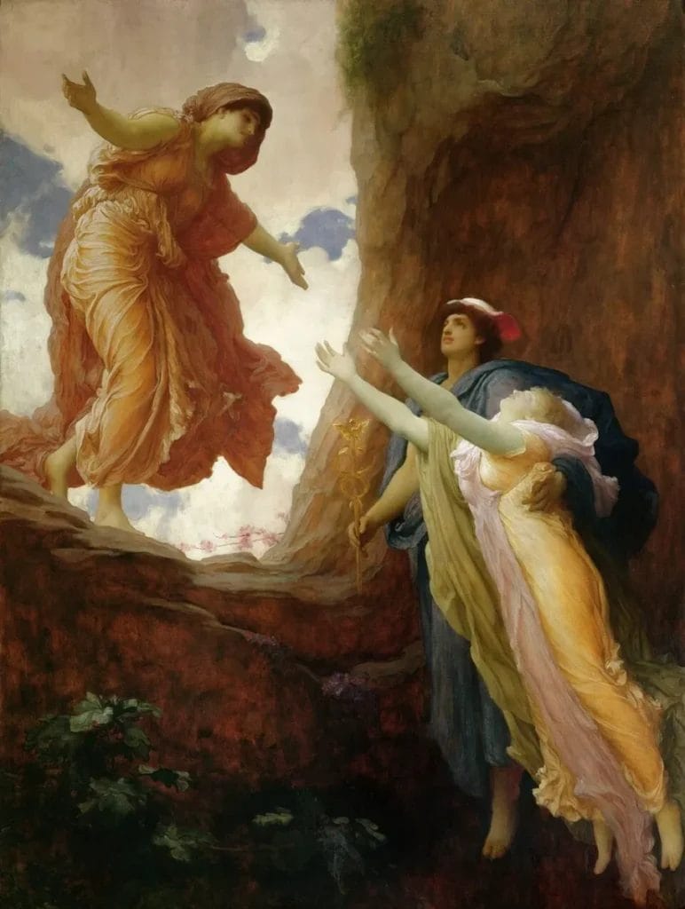 Persephone Greek Goddess of Spring ascending from darkness toward light with flowing robes