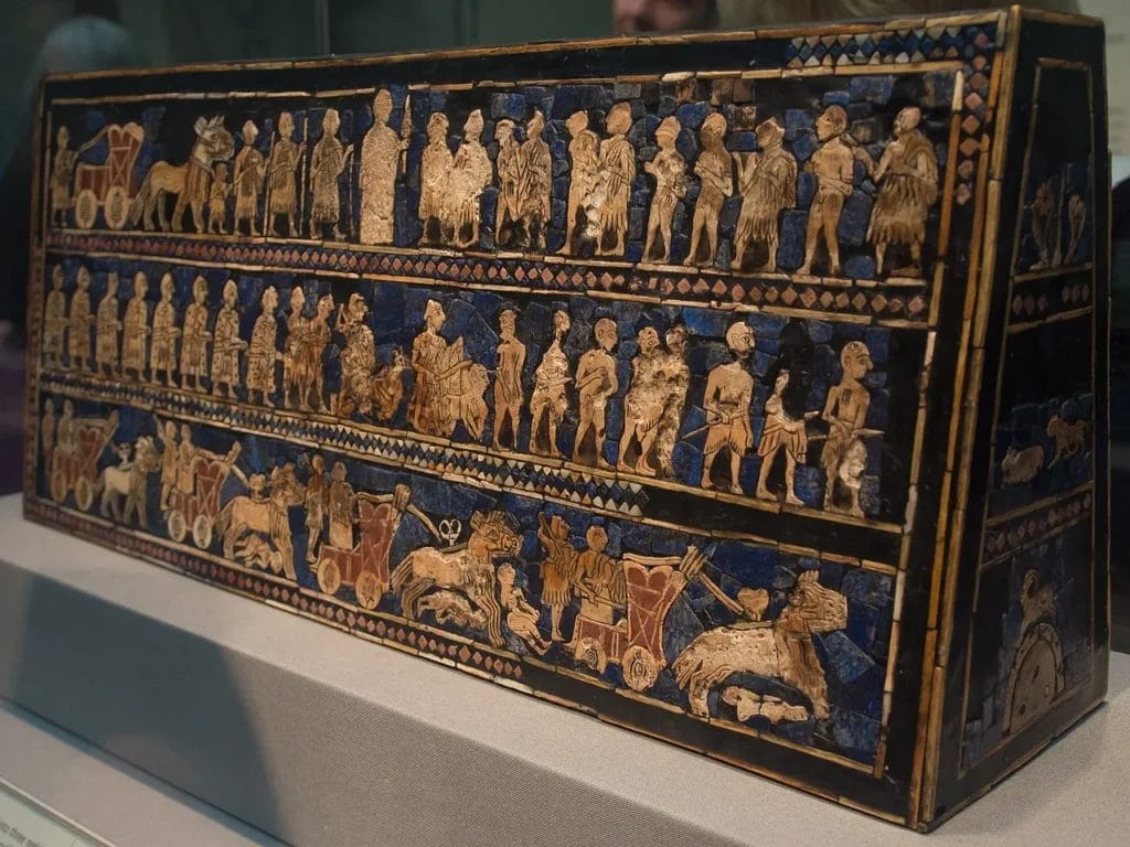 Mosaic panels from the Standard of Ur depicting war and peace processions from early Mesopotamian court life