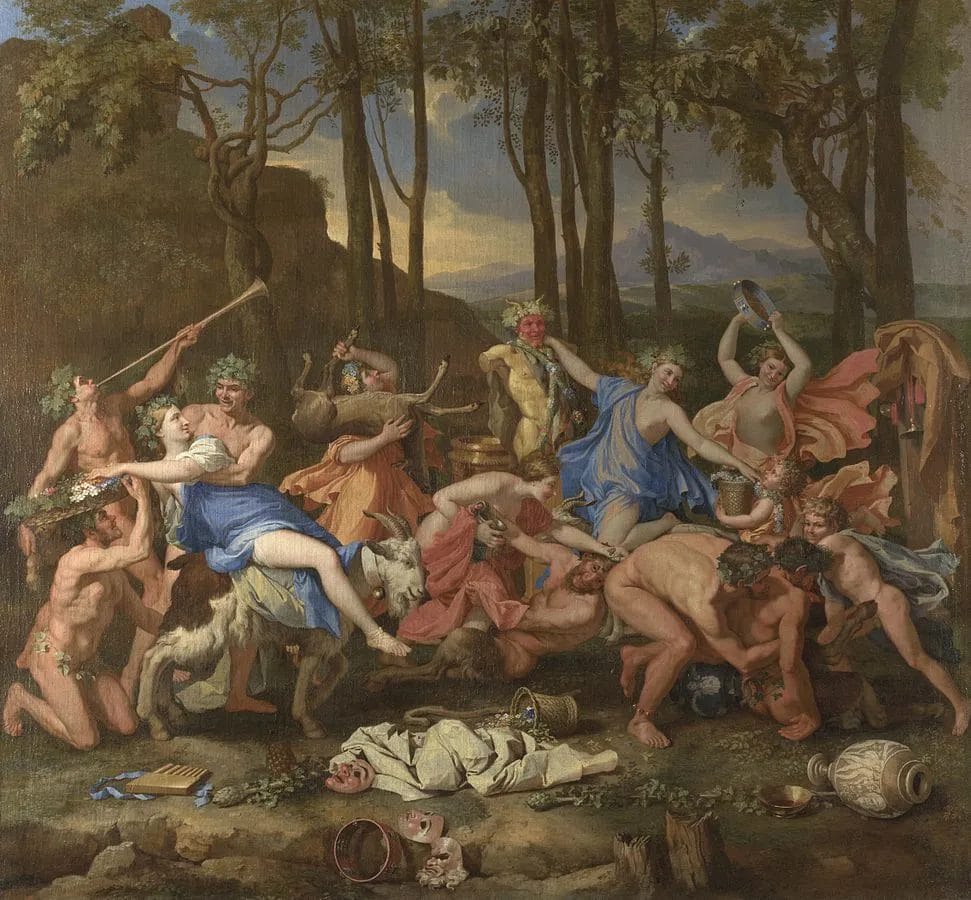 Poussin's painting showing ecstatic Bacchic revelry with dancing figures and Pan