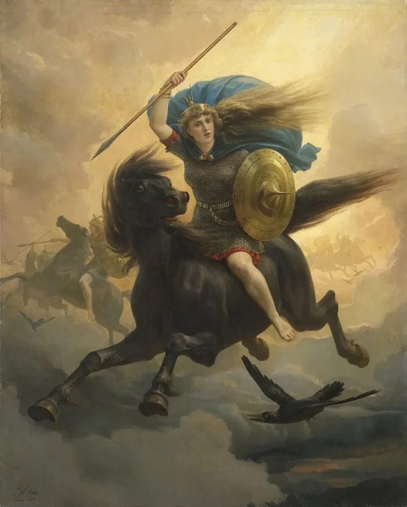 Norwegian painting showing a valkyrie warrior woman on horseback riding through clouds with spear and shield to collect fallen warriors for Valhalla