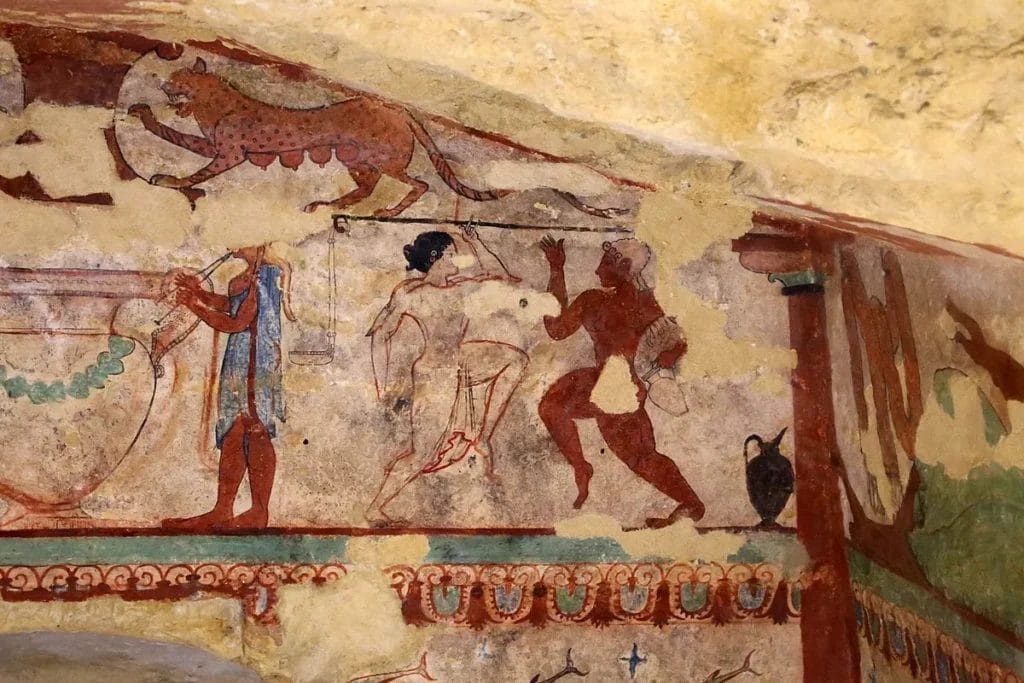 tomb lionesses dancers banquet painting