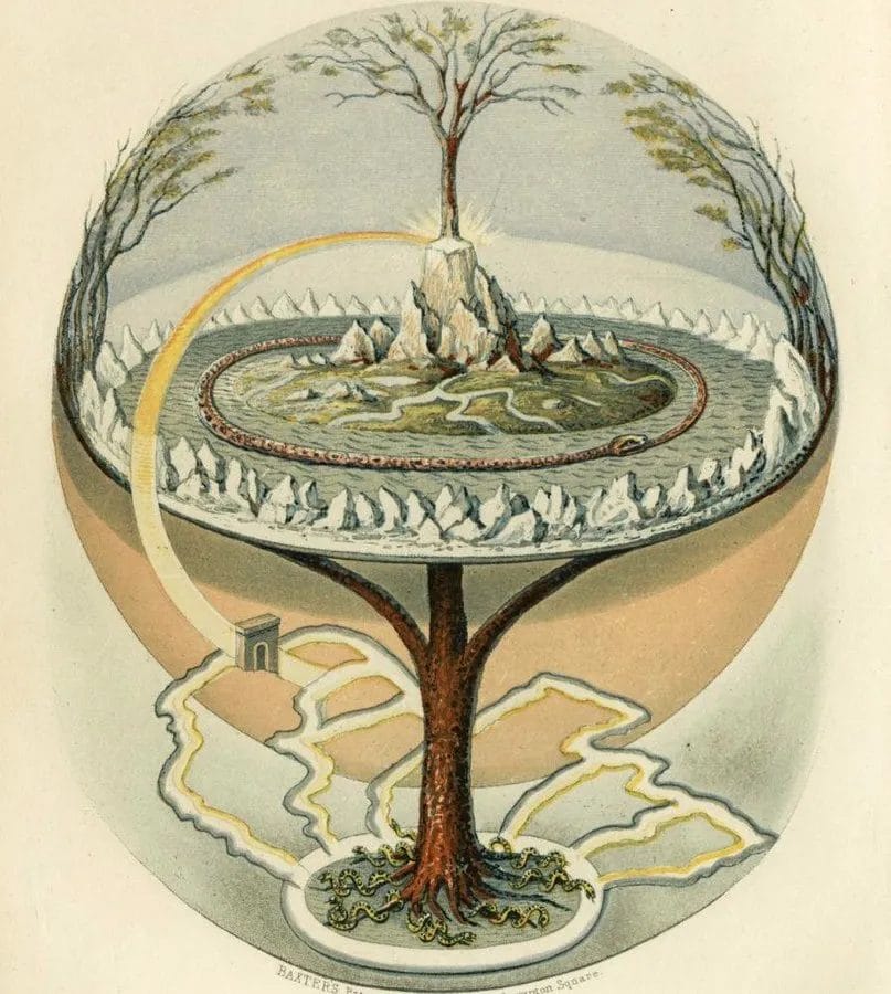 Nineteenth-century watercolor illustration depicting Norse mythology's Yggdrasil world tree connecting the nine realms with the Norns at its base