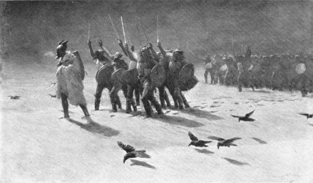 Vikings landing and raiding a shore settlement