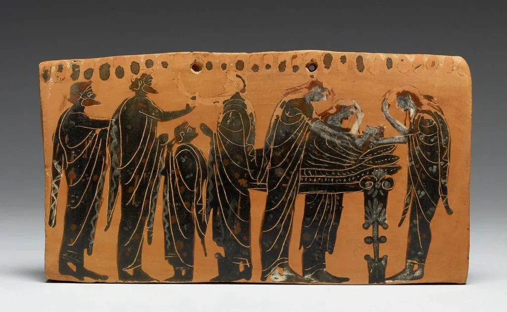 Ancient Greek funeral ceremony depicting body disposal and mourning practices during prothesis.