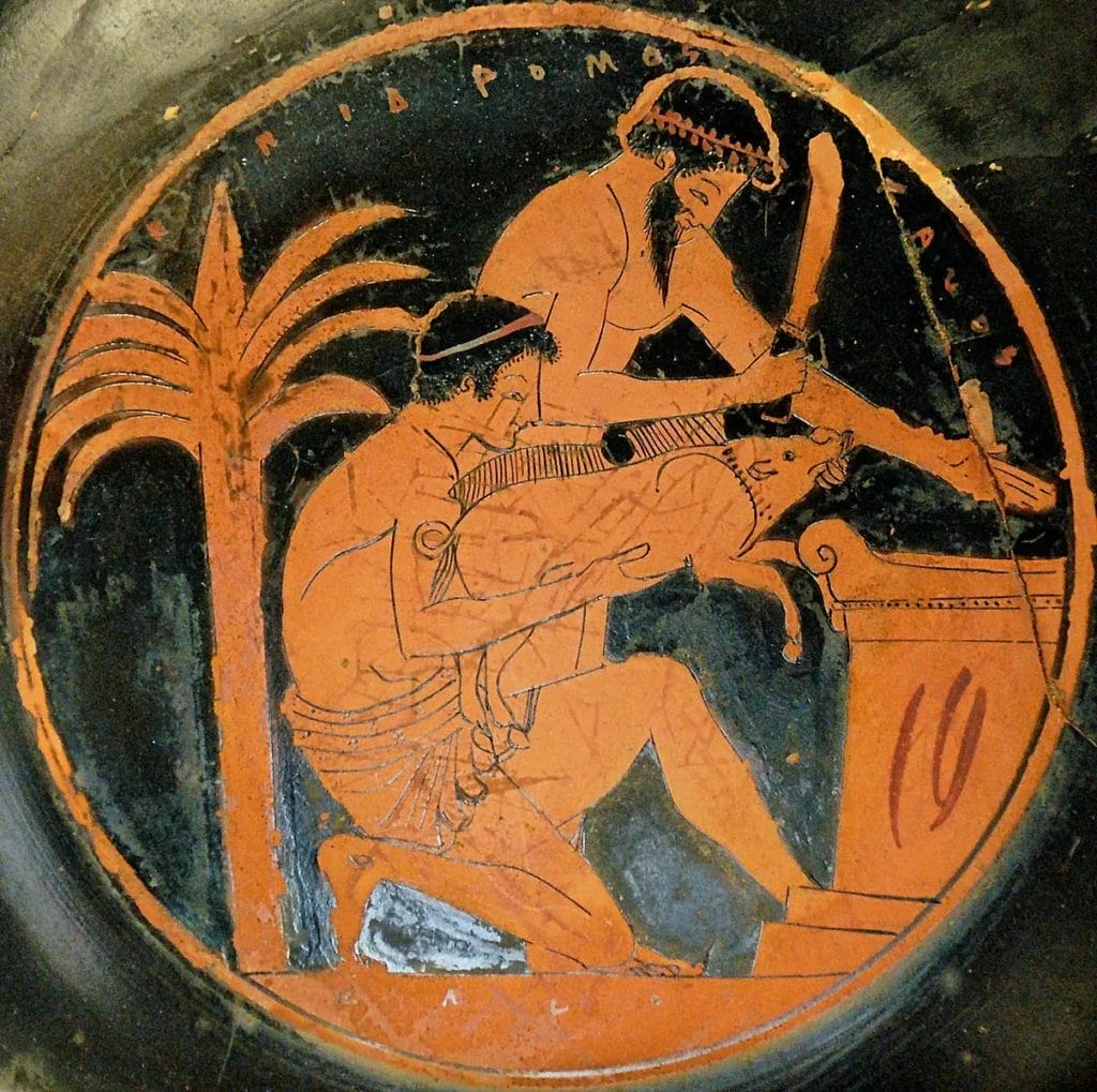 Greek red-figure cup painting showing the moment of sacrificial slaughter with attendants restraining a boar while a priest cuts its throat over an altar.