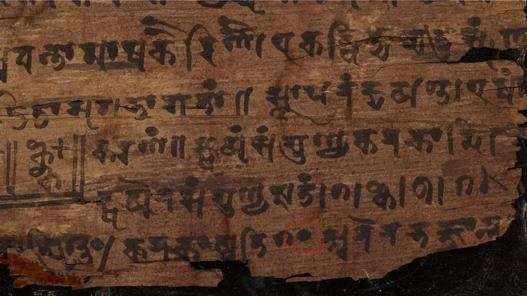 Bakhshali manuscript depicting earliest zero symbol as dot in Indian mathematical text.