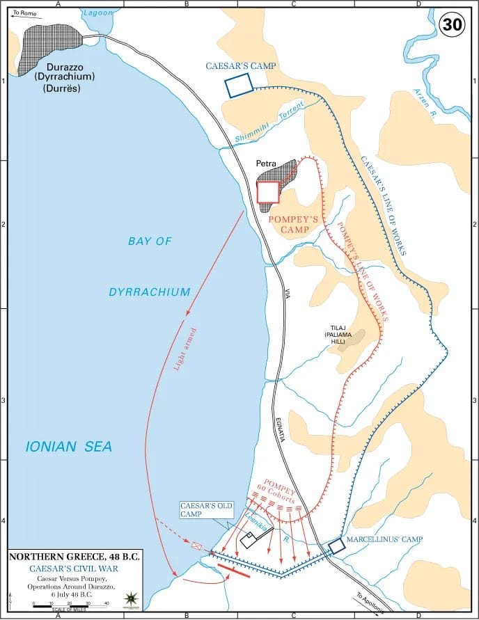 Caesar withdraws from Dyrrhachium into Thessaly seeking battle on favorable ground before Pharsalus