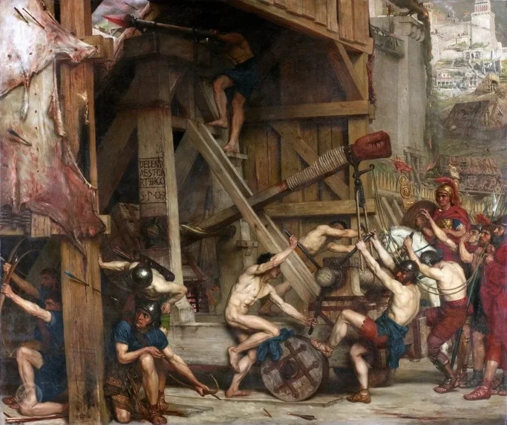 Edward Poynter illustration of Roman catapults and siege weaponry at Carthage ancient siege casualties.