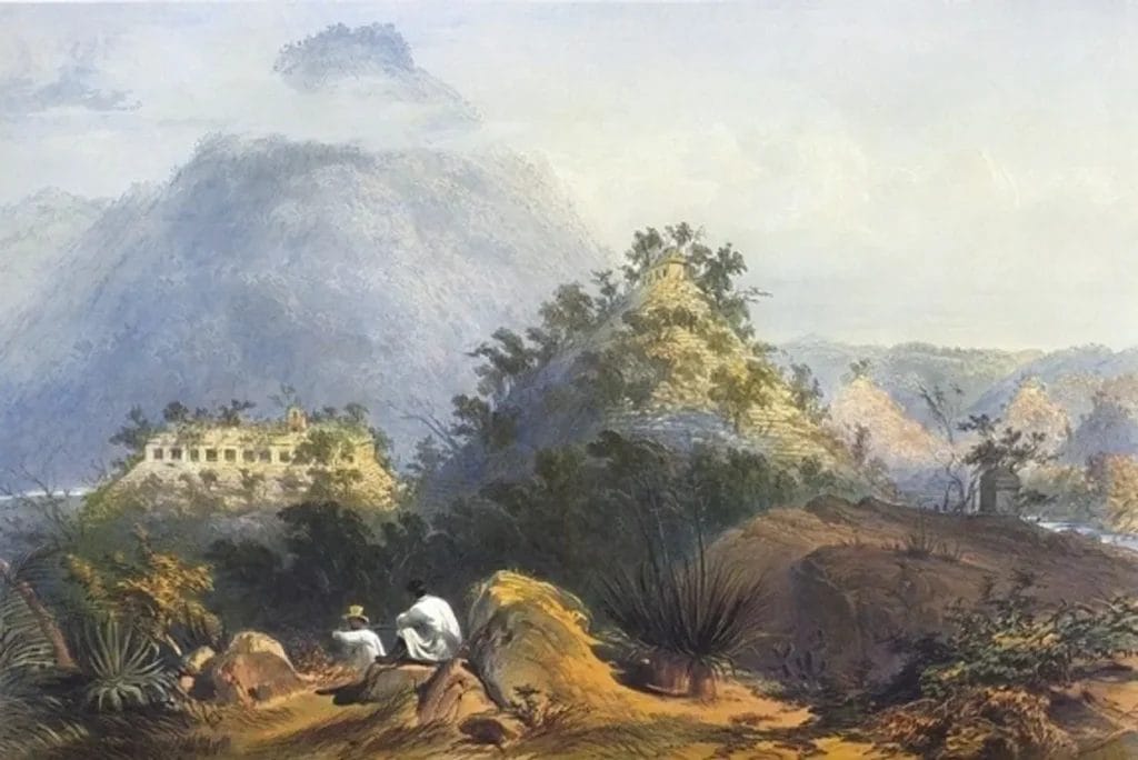 Hand-colored lithograph shows Palenque’s palace and temples engulfed by tropical jungle