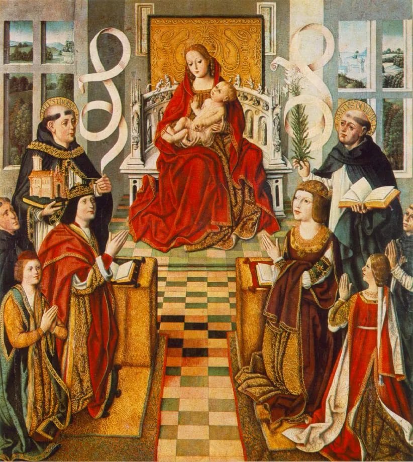 Royal couple and children kneeling before the Virgin and Child
