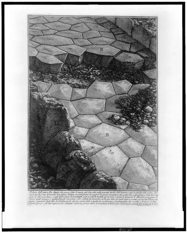 Diagram showing the layered construction method of Roman roads built using groma-surveyed alignments.