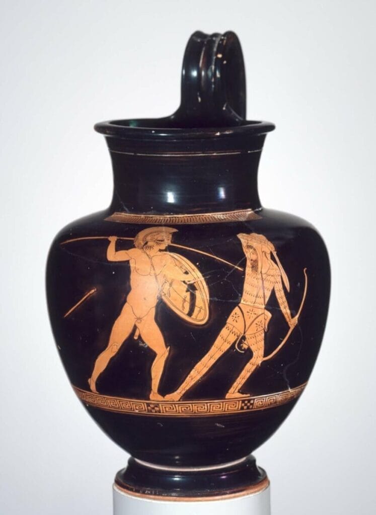 Greek hoplite attacks Persian archer, illustrating ancient battlefield tactics in art