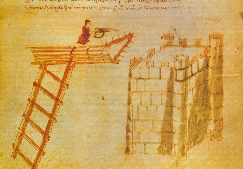 Portable cheirosiphon spraying Greek fire from a tower during a siege