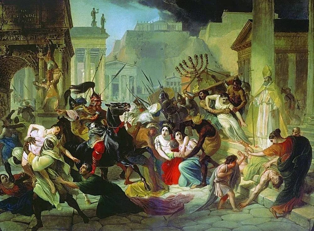 Dramatic 19th‑century painting of Vandal king Geiseric overseeing the sack and plunder of Rome in 455 CE