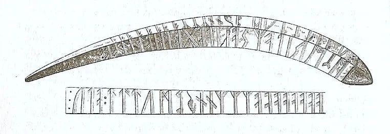 Bone amulet carved with protective Norse runes formulas and repeated sequences used for magical operations in Germanic society.