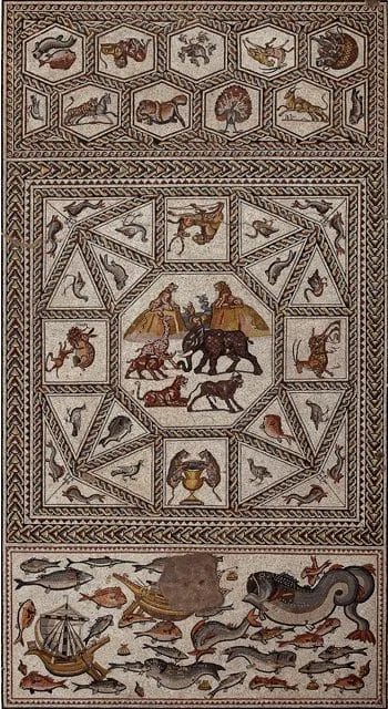 Rich polychrome mosaic from Lod showing wildlife and sailing vessels