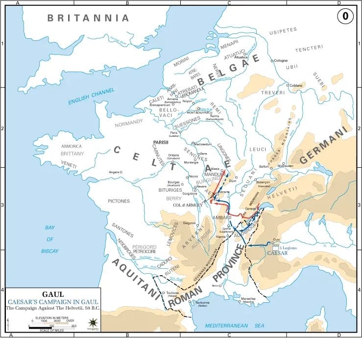 Map showing Caesar's campaign route against the Helvetii