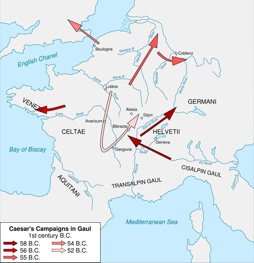 Colour map summarizing Julius Caesar's campaigns across Gaul