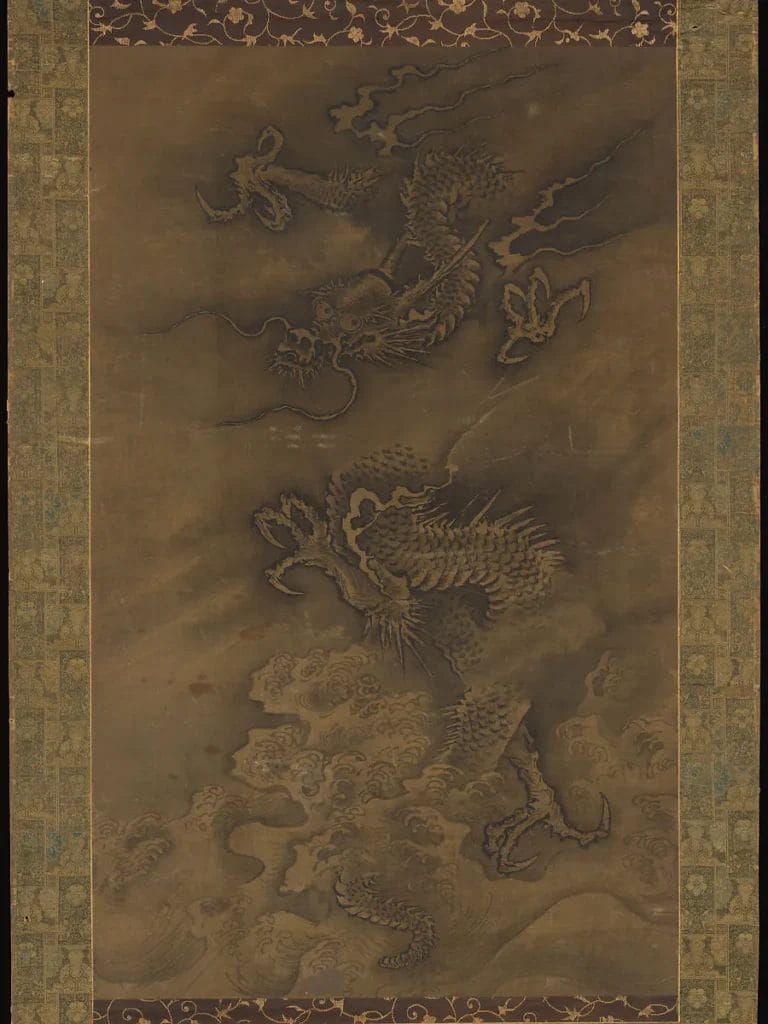 Chinese dragon kings writhes through storm clouds above churning waves