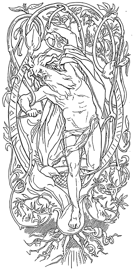 Illustration depicting Odin hanging from Yggdrasil discovering Norse runes through nine nights of self-sacrifice and ordeal.