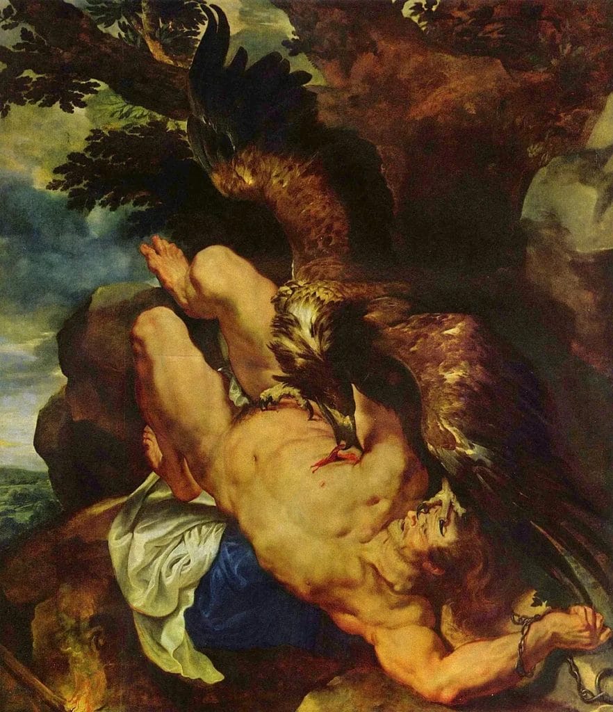 Baroque painting showing Prometheus chained to a rock while an eagle violently attacks his torso during the punishment for Prometheus