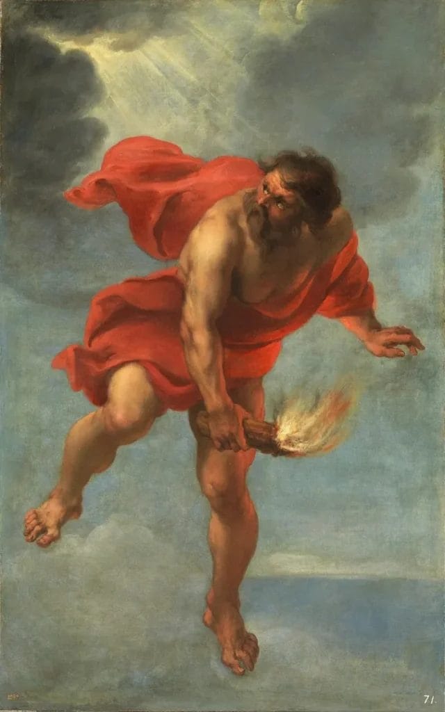 Baroque painting of Prometheus holding a torch containing the stolen fire from Mount Olympus as he descends to deliver it to humanity