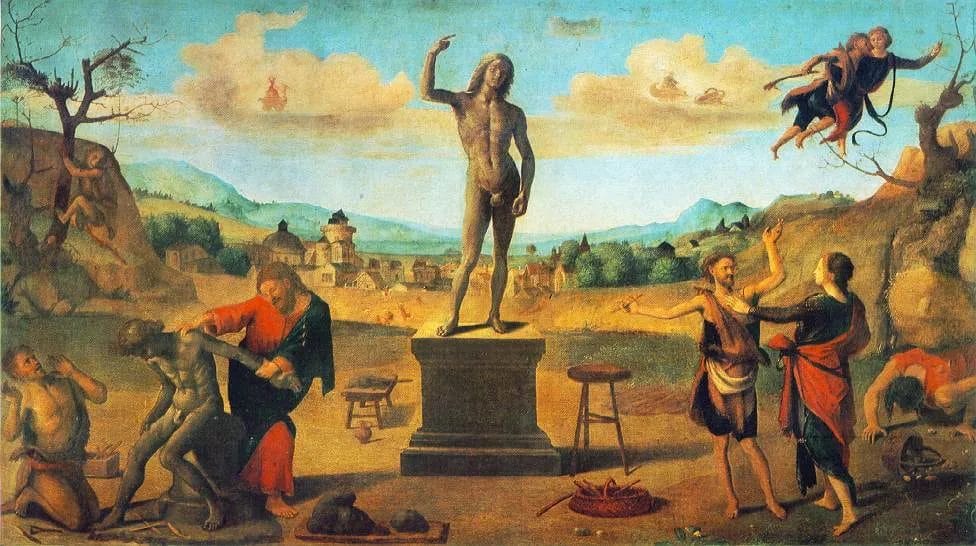 Renaissance painting showing Prometheus the Titan molding the first human from clay while Athena stands beside him, from the Alte Pinakothek Munich