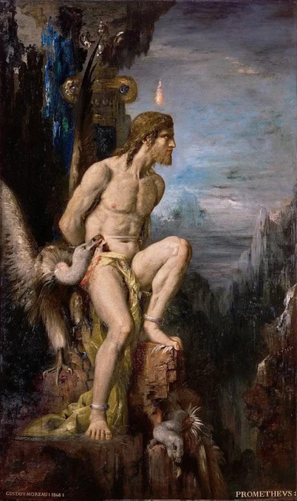 Symbolist painting depicting Prometheus bound to the Caucasus mountain enduring his endless punishment