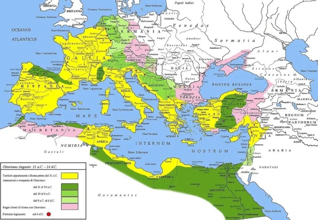 Map showing Spain Gaul and Syria under Augustus’s control
