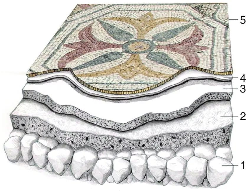 Diagram shows tesserae over setting bed, nucleus, rudus, and statumen