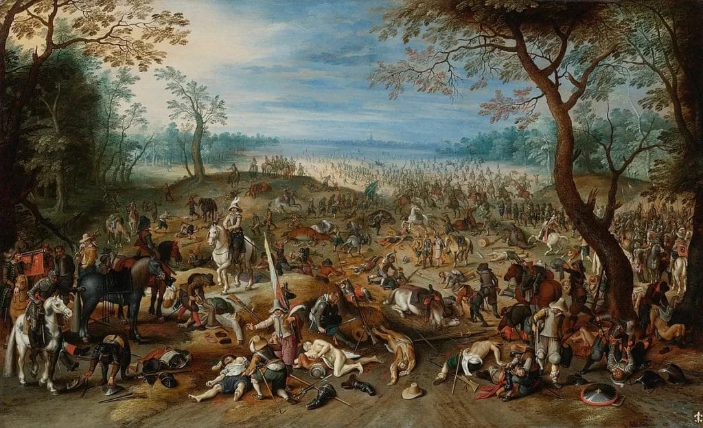 Soldiers collecting weapons and armor after ancient battles with officers supervising battlefield looting.