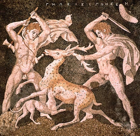 Hunters and hounds pursue a stag in a framed panel inset into a pavement